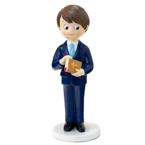 Figura comunión niño traje azul y biblia en mano